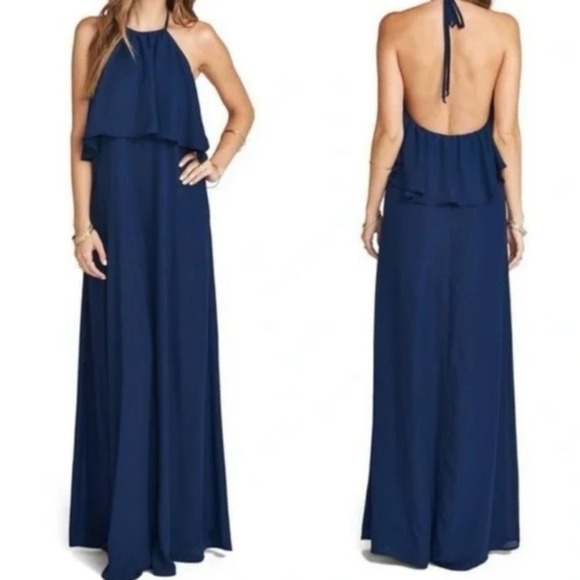 Show me your MuMU  Navy Halter Chiffon Maxi bridal size XXsmall Summer Dress - Picture 1 of 10